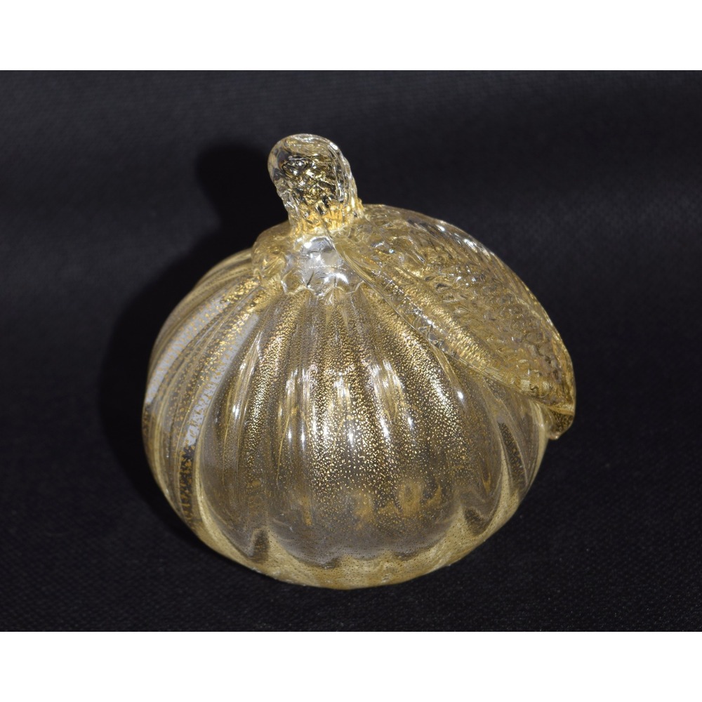 Glass Pumpkin Figurine Small Gold Aventurine Clear Excellent Ribbed Art
